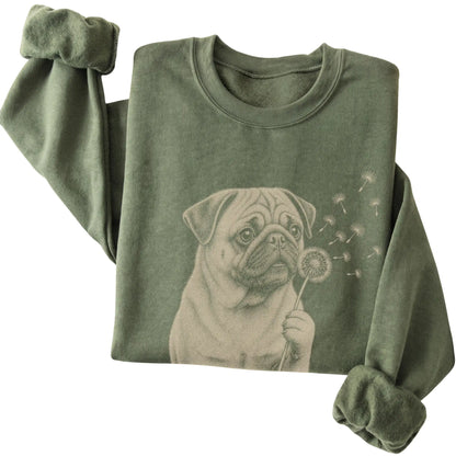 Military Green crewneck sweatshirt featuring Dandelion Pug, folded presentation