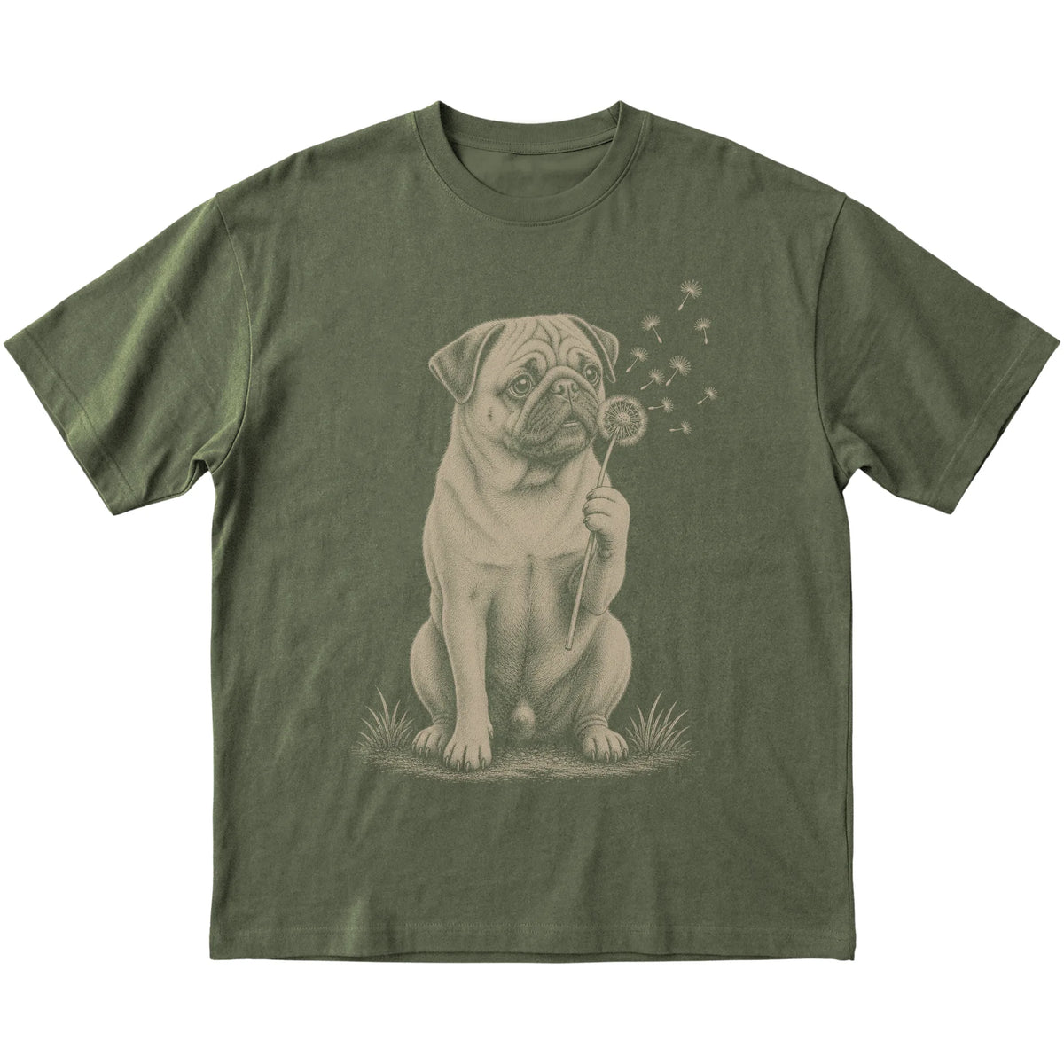 Military Green T-shirt featuring Dandelion Pug, laid-flat presentation