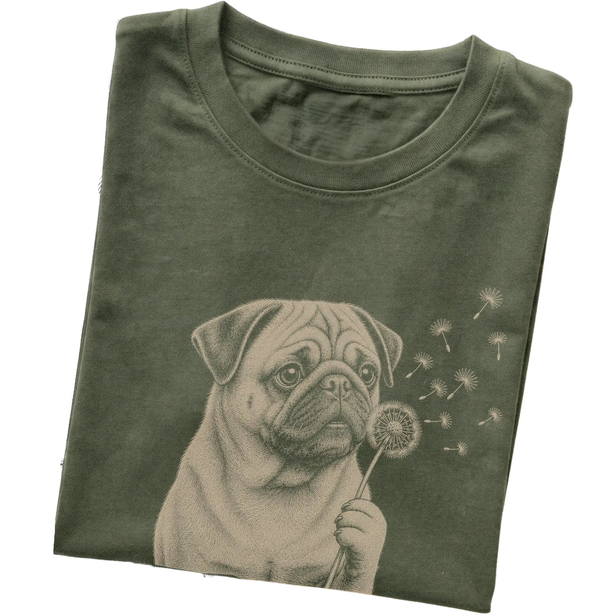 Military Green T-shirt featuring Dandelion Pug, folded presentation
