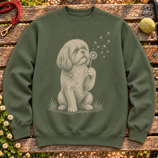 Shih Tzu Dandelion on a Military Green crewneck sweatshirt, shown flat