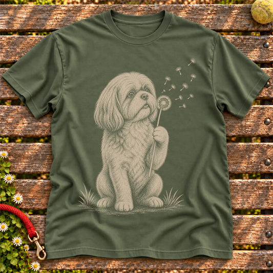 Shih Tzu Dandelion on a Military Green T-shirt, shown flat