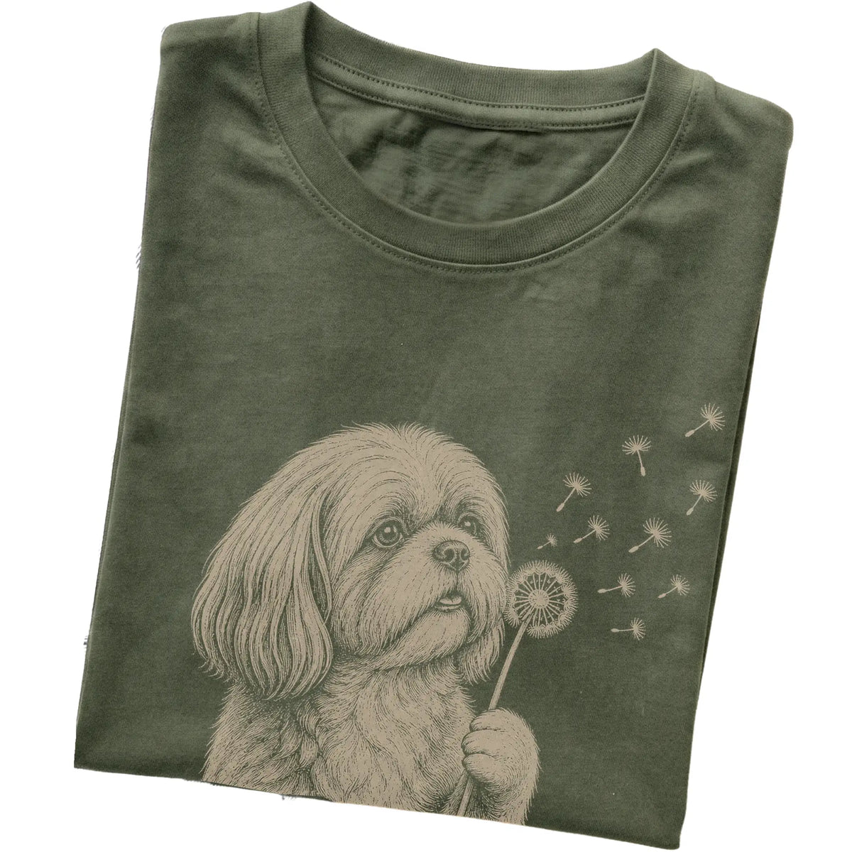 Military Green T-shirt featuring Dandelion Shih Tzu, folded presentation