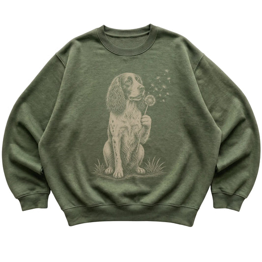 Military Green crewneck sweatshirt featuring Dandelion Springer Spaniel, laid-flat presentation