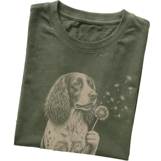 Military Green T-shirt featuring Dandelion Springer Spaniel, folded presentation