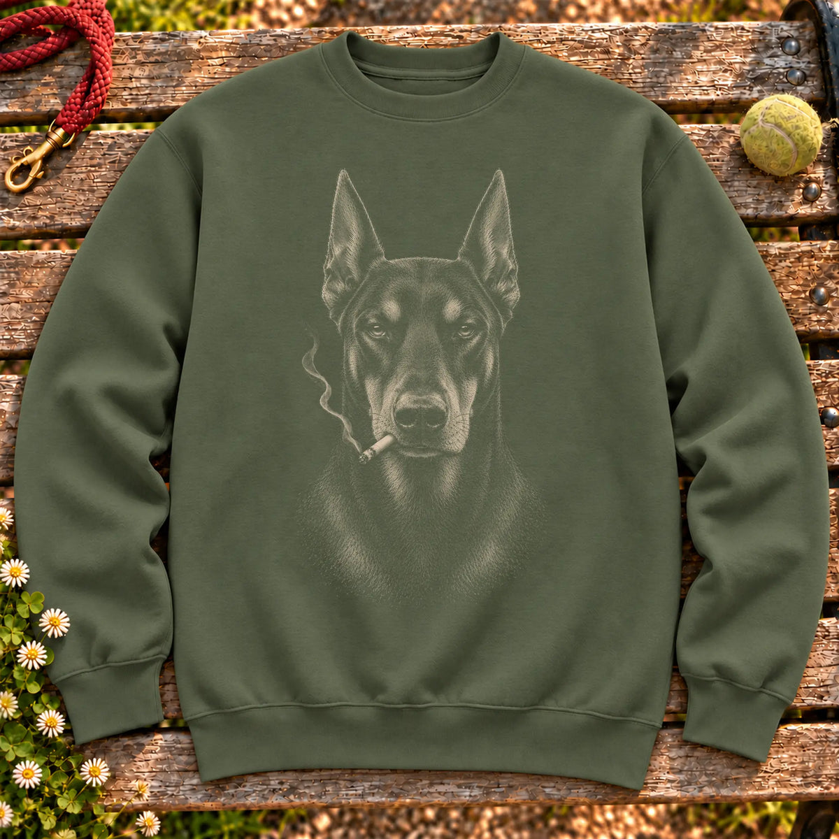 Doberman smoking design on a Military Green sweatshirt