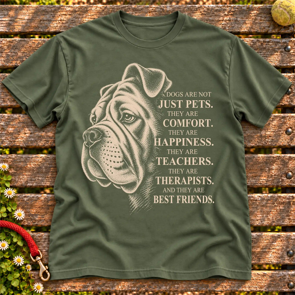 Dogs Are Not Just Pets Bulldog text design on a Military Green softstyle T-shirt