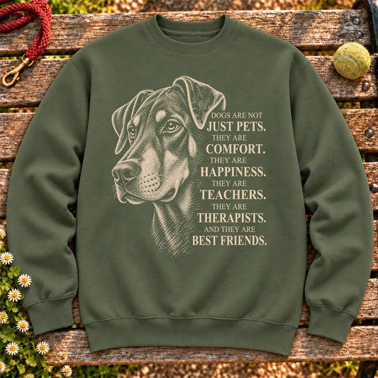 Dogs Are Not Just Pets Doberman text design on a Military Green crewneck sweatshirt