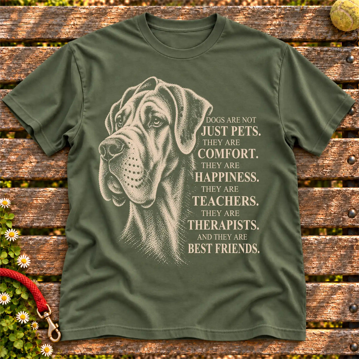 Dogs Are Not Just Pets Great Dane text design on a Military Green softstyle T-shirt