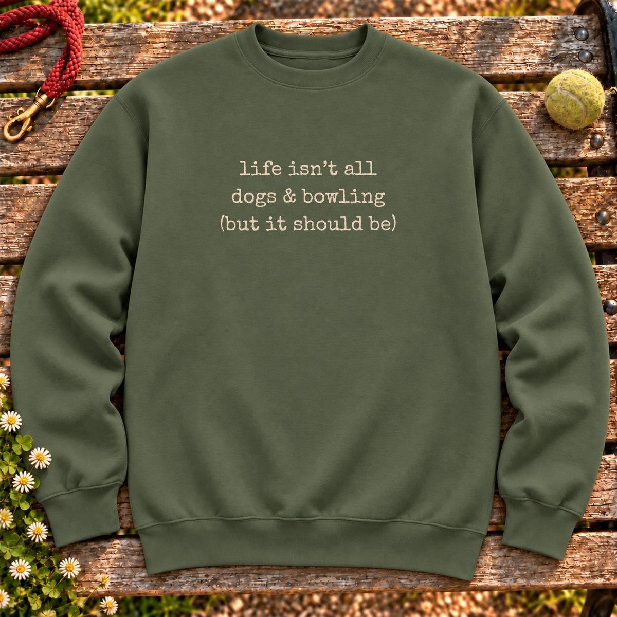 Dogs & Bowling design on a Military Green crewneck sweatshirt, shown flat