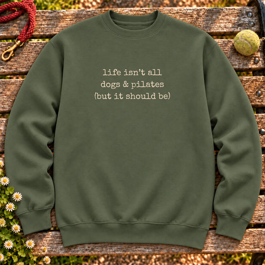 Dogs & Pilates design on a Military Green crewneck sweatshirt, shown flat