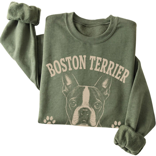 Military Green crewneck sweatshirt featuring Dressed Well, Behaved Questionably - Boston Terrier, folded presentation