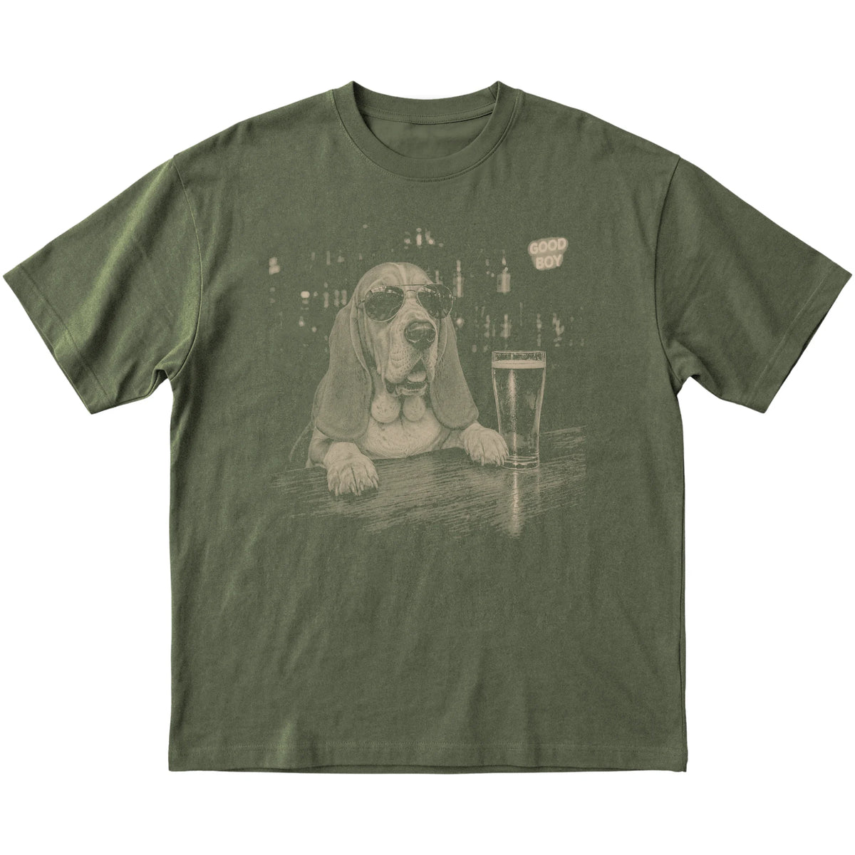 Military Green Basset Hound at a bar beside a pint, laid flat
