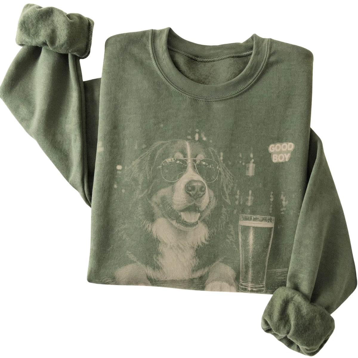 Military Green Bernese Mountain Dog at a bar beside a pint, folded detail view