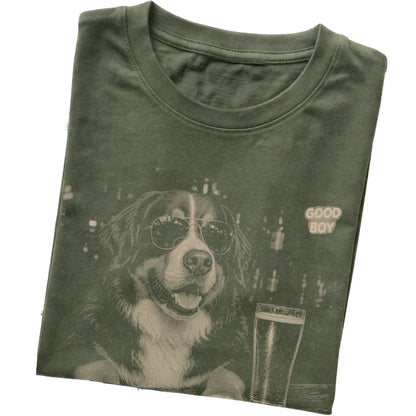 Military Green Bernese Mountain Dog at a bar beside a pint, folded detail view