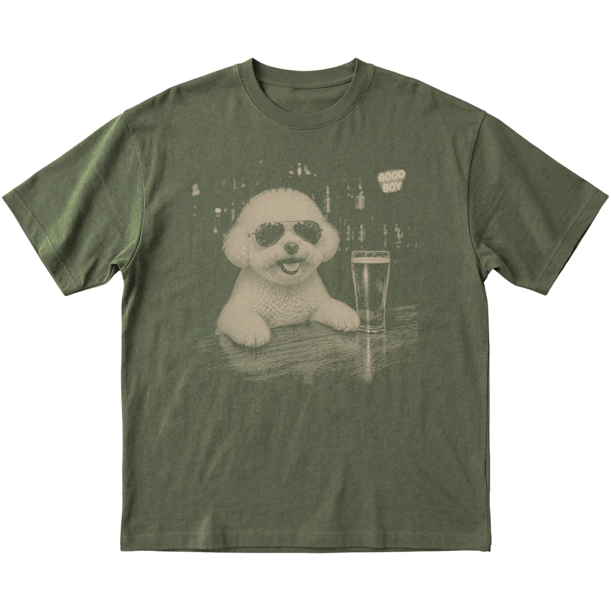 Military Green Bichon Frise at a bar beside a pint, laid flat
