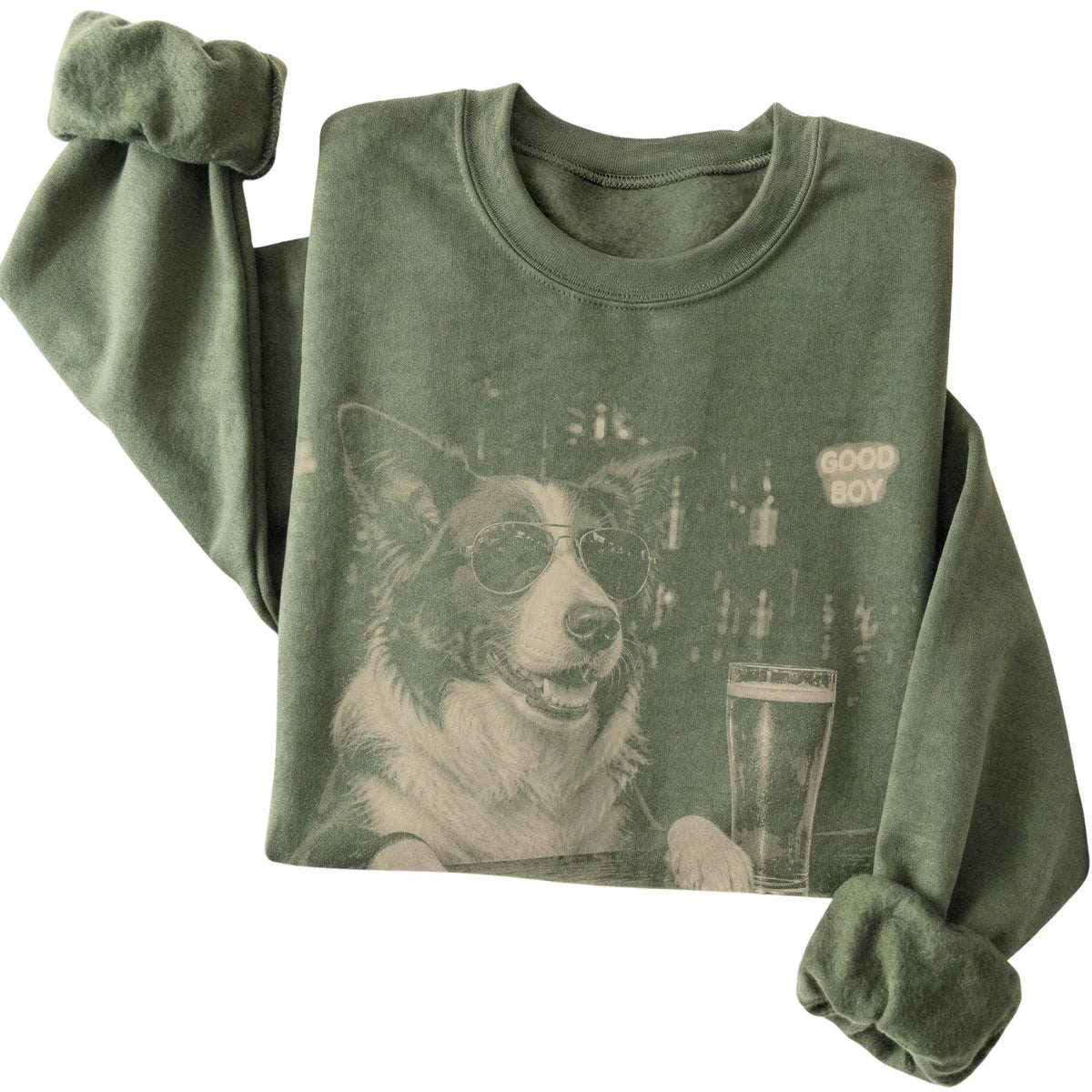 Military Green Border Collie at a bar beside a pint, folded detail view