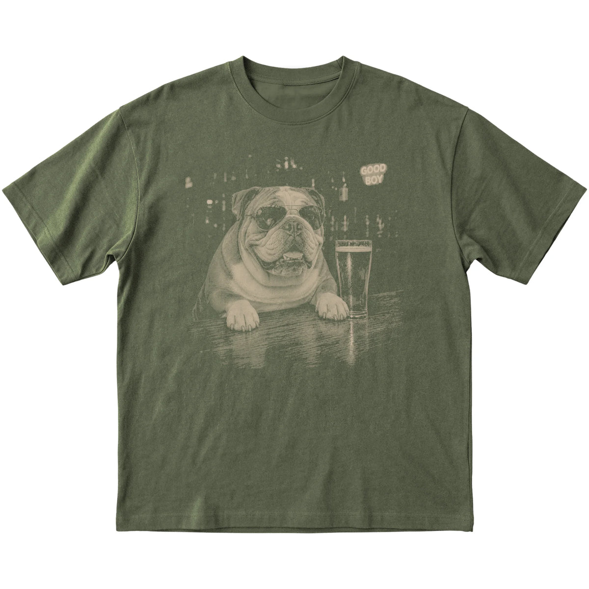 Military Green English Bulldog at a bar beside a pint, laid flat