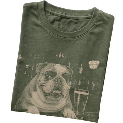 Military Green English Bulldog at a bar beside a pint, folded detail view