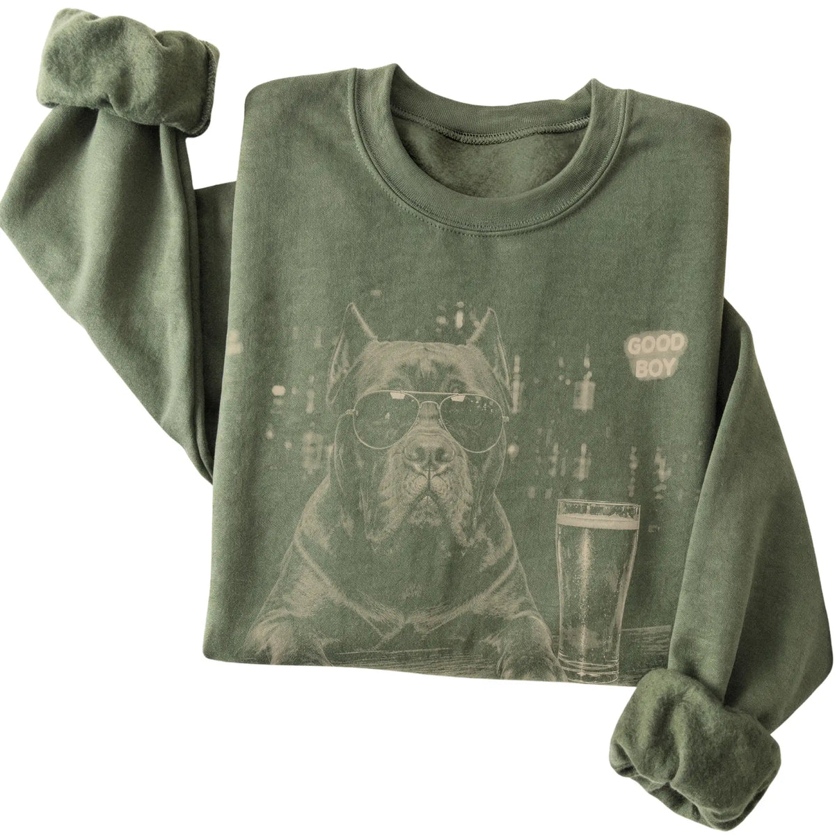 Military Green Cane Corso at a bar beside a pint, folded detail view