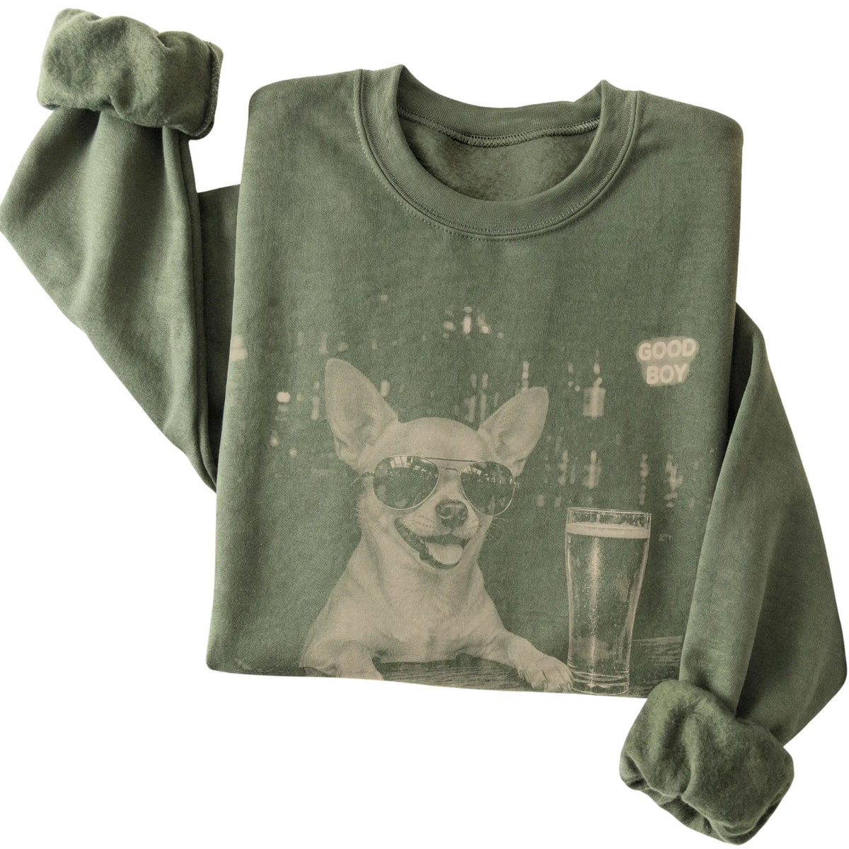 Military Green Chihuahua at a bar beside a pint, folded detail view