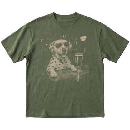 Military Green Dalmatian at a bar beside a pint, laid flat