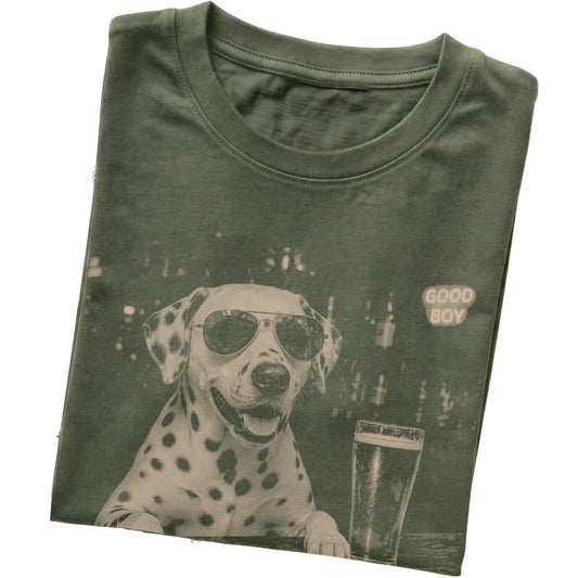 Military Green Dalmatian at a bar beside a pint, folded detail view