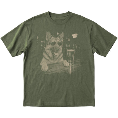 Military Green German Shepherd at a bar beside a pint, laid flat