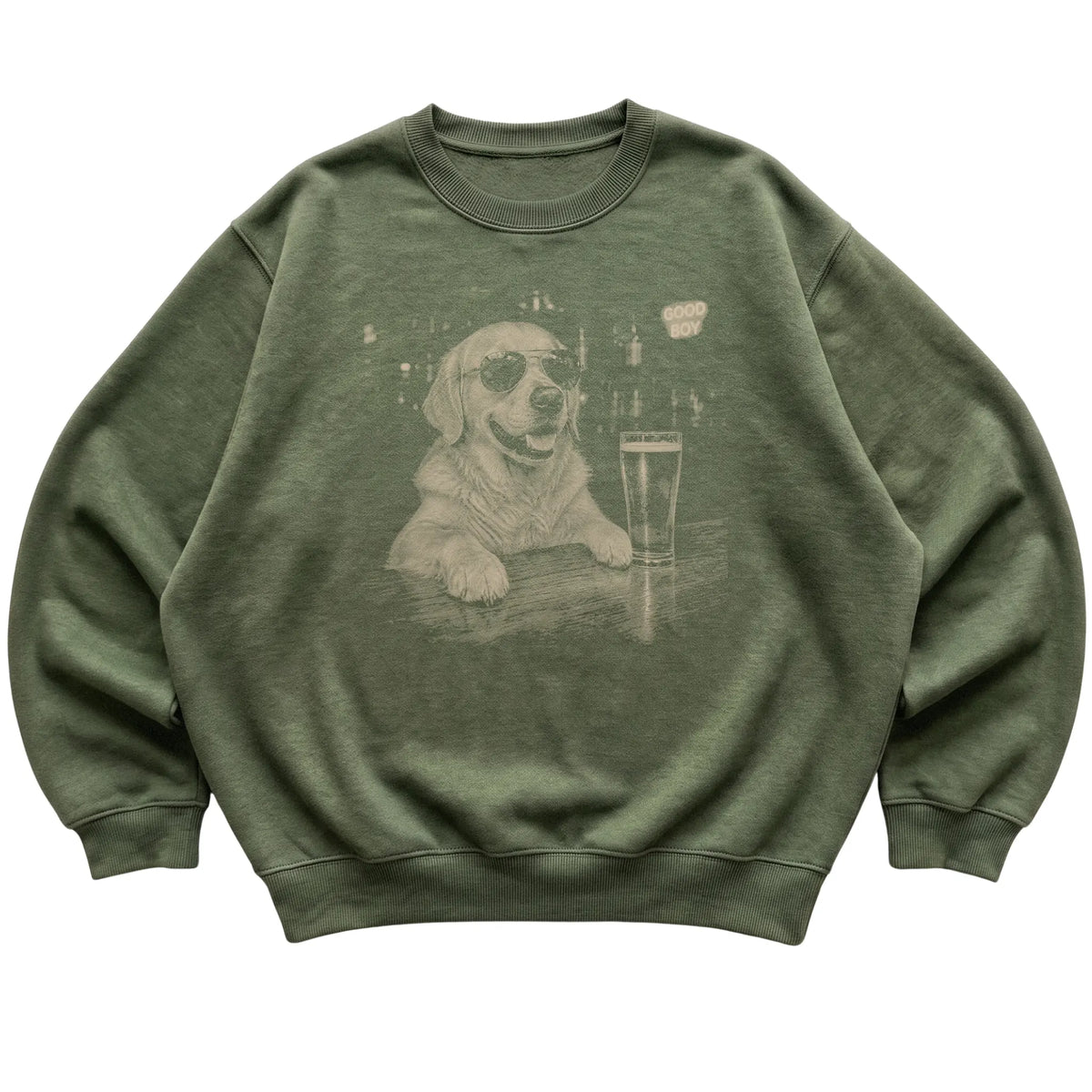 Military Green Golden Retriever at a bar beside a pint, laid flat