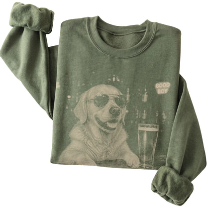 Military Green Golden Retriever at a bar beside a pint, folded detail view