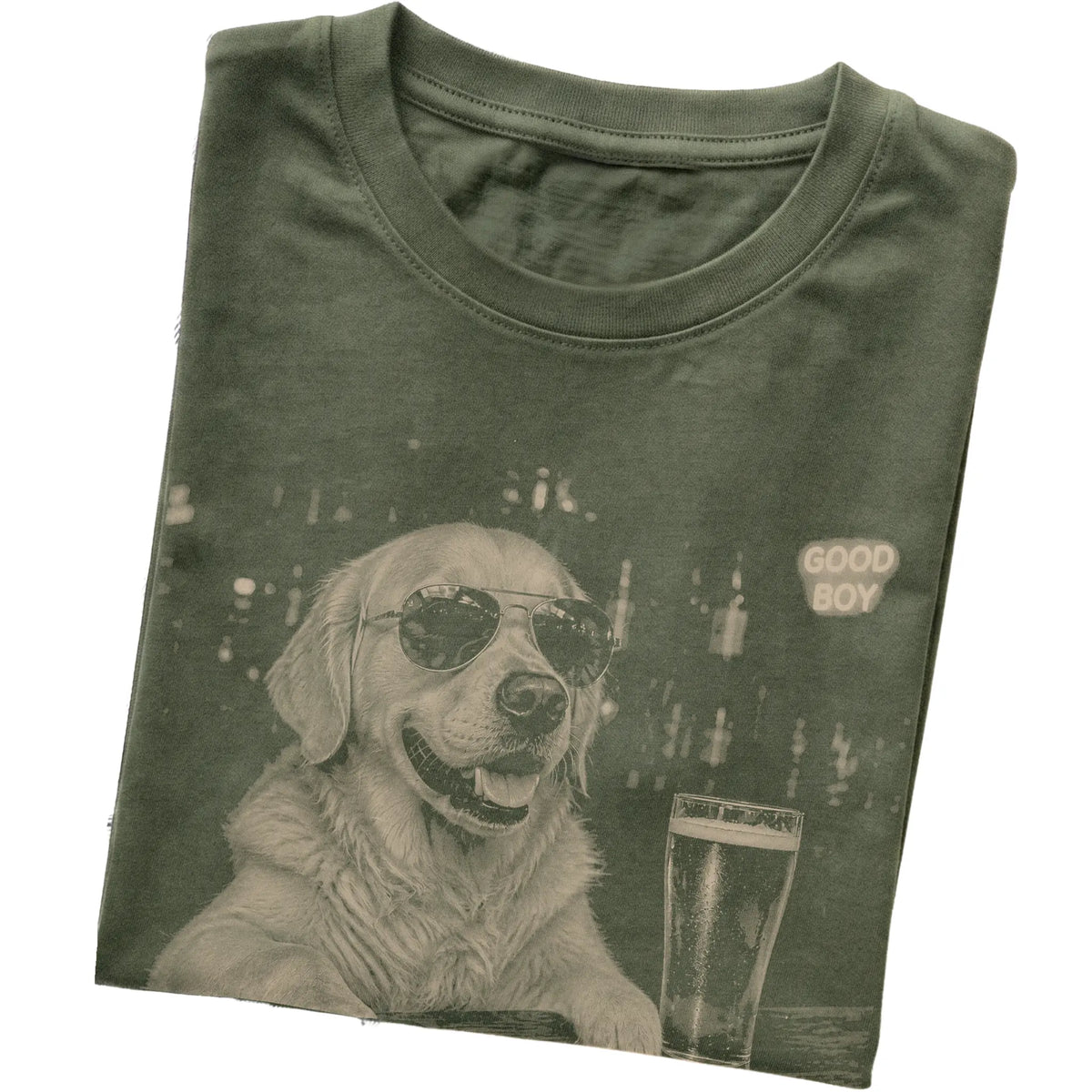 Military Green Golden Retriever at a bar beside a pint, folded detail view