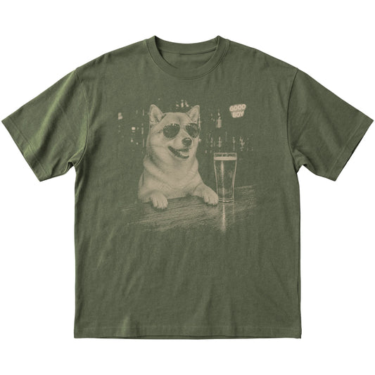 Military Green Shiba Inu at a bar beside a pint, laid flat