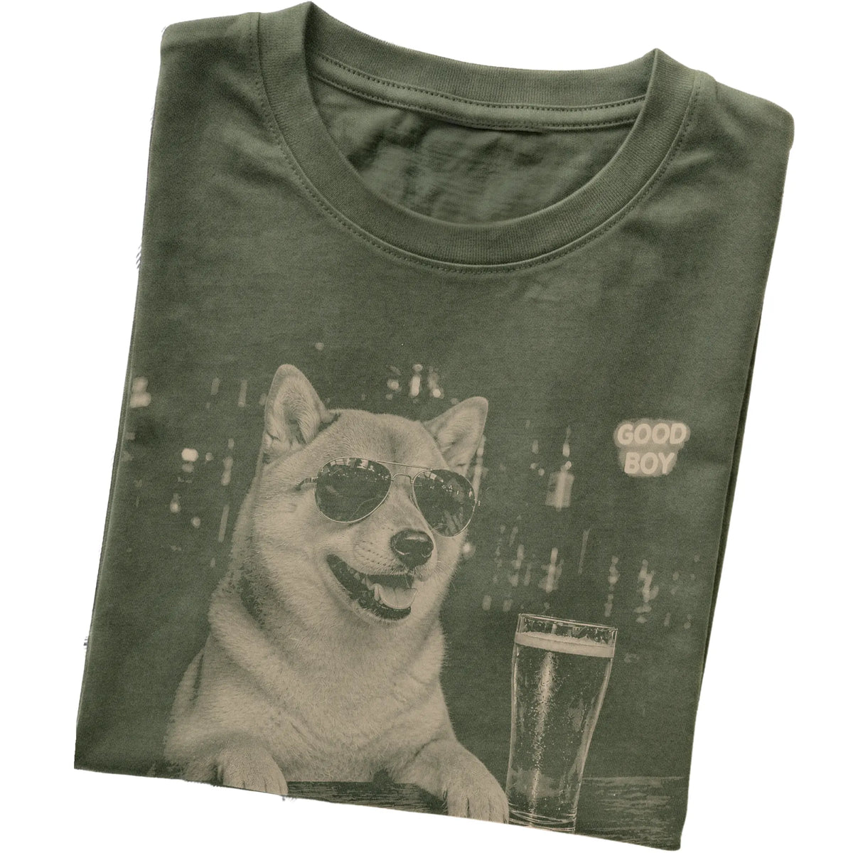 Military Green Shiba Inu at a bar beside a pint, folded detail view