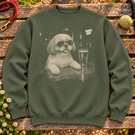 Shih Tzu Drinking Beer on a Military Green crewneck sweatshirt, shown flat