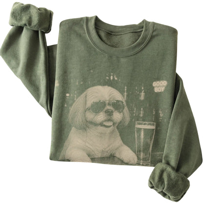 Military Green Shih Tzu at a bar beside a pint, folded detail view