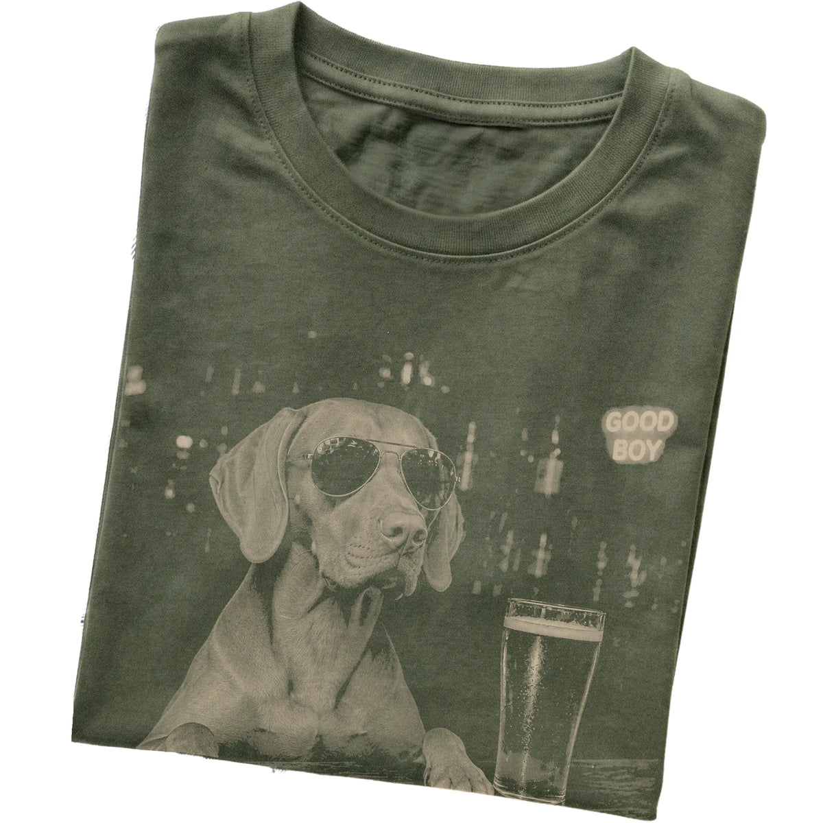 Military Green Vizsla at a bar beside a pint, folded detail view