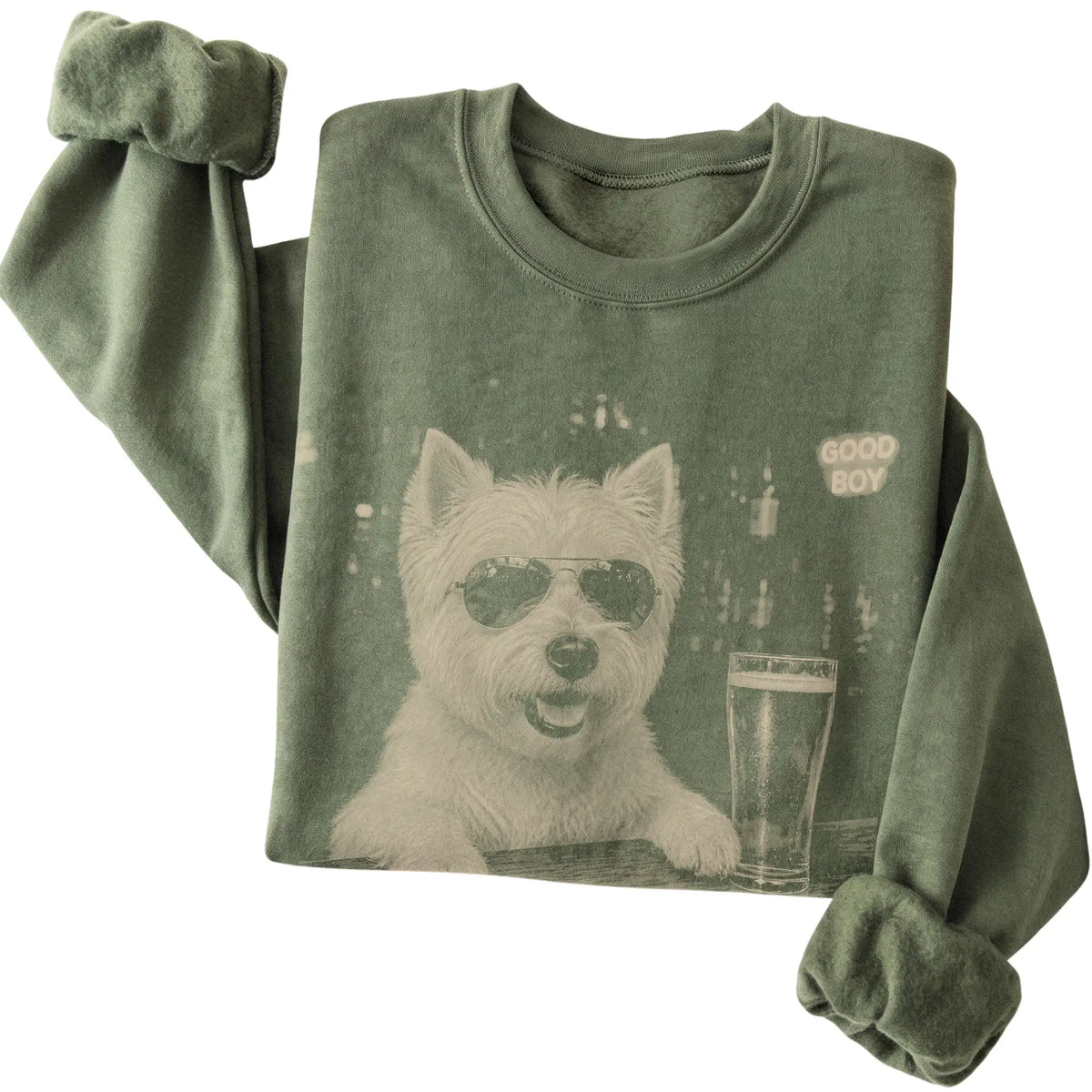 Military Green Westie at a bar beside a pint, folded detail view