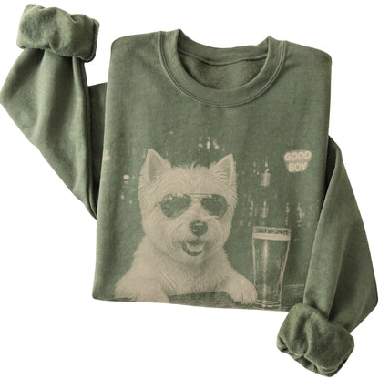 Military Green Westie at a bar beside a pint, folded detail view