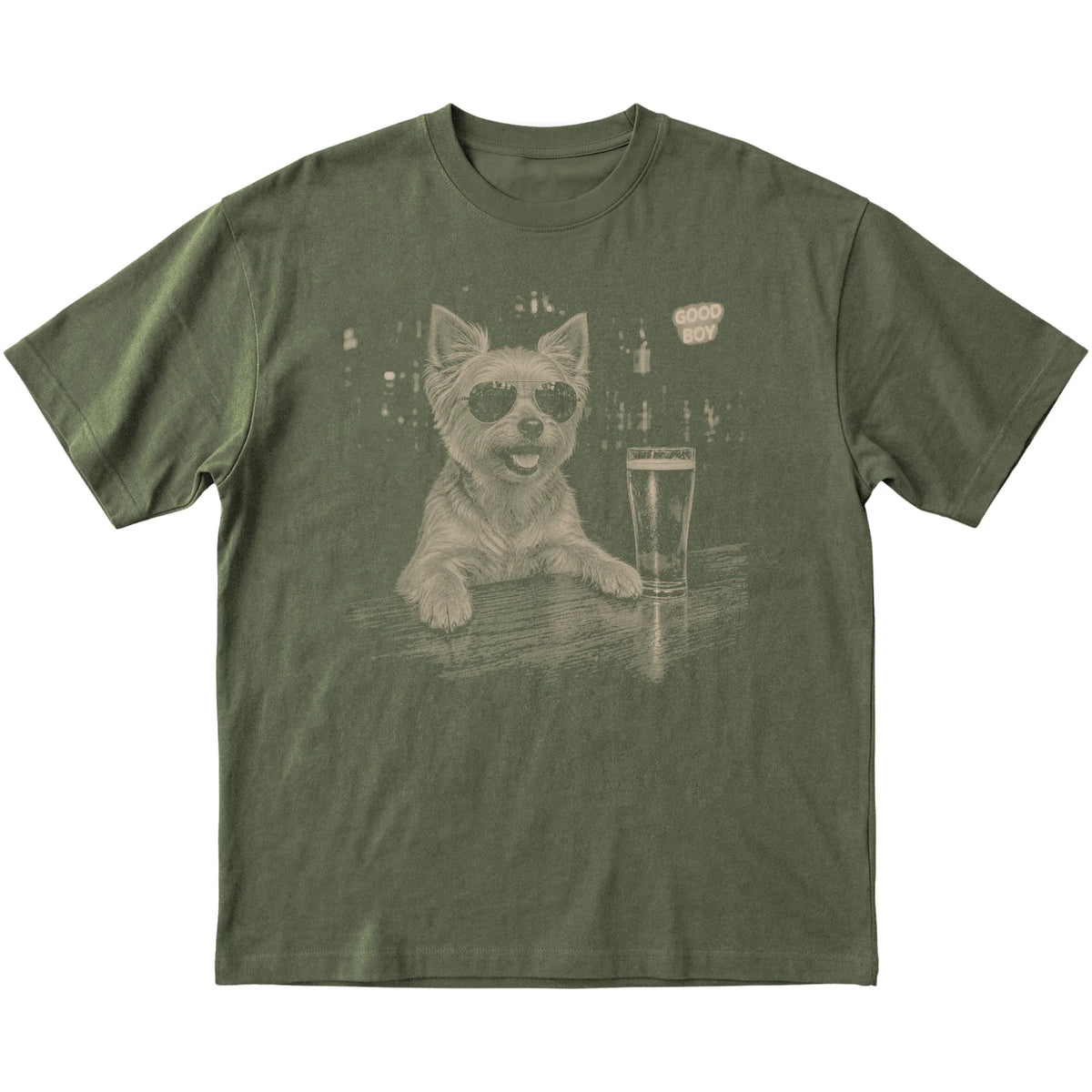 Military Green Yorkie at a bar beside a pint, laid flat