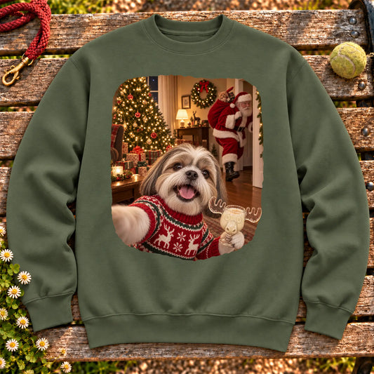 Shih Tzu Eggnog Selfie design on a Military Green Gildan® sweatshirt