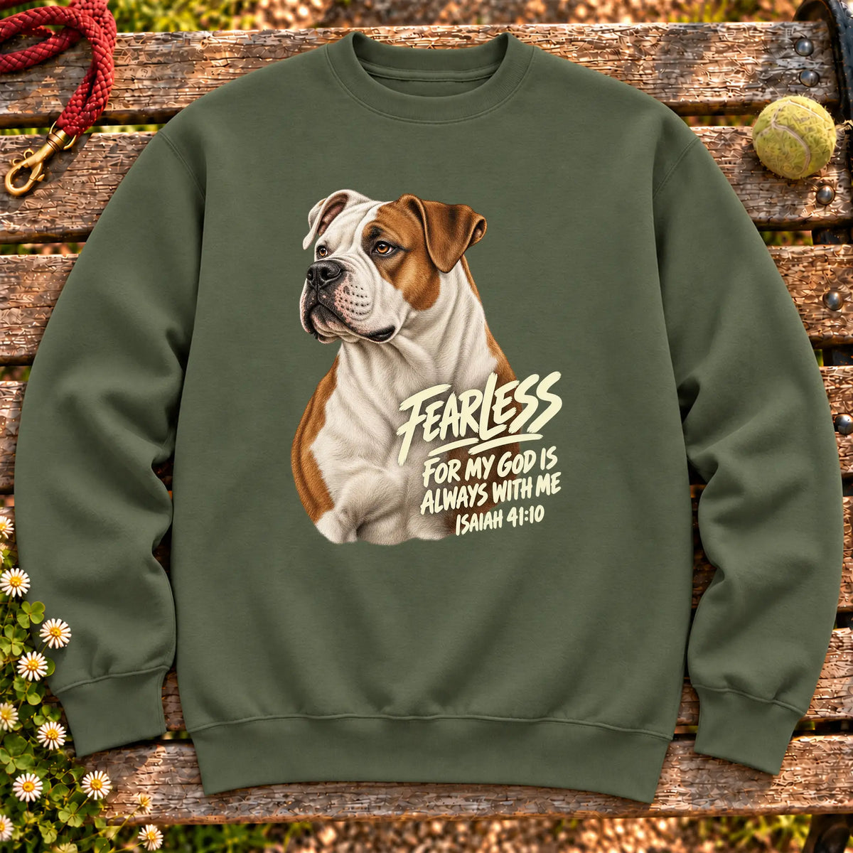 Military Green sweatshirt with a fearless American Bulldog and Isaiah 41:10