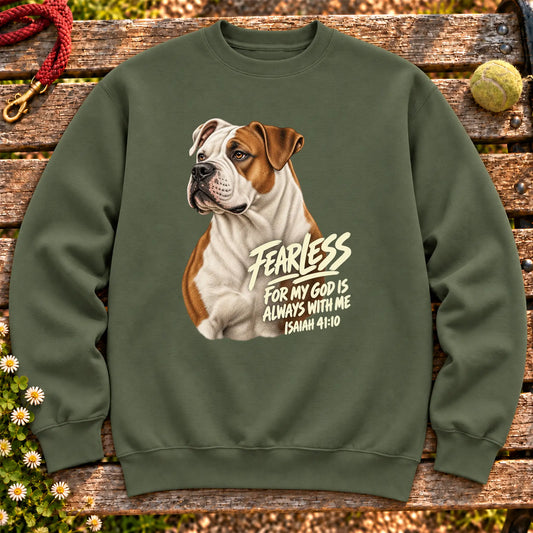 Military Green sweatshirt with a fearless American Bulldog and Isaiah 41:10