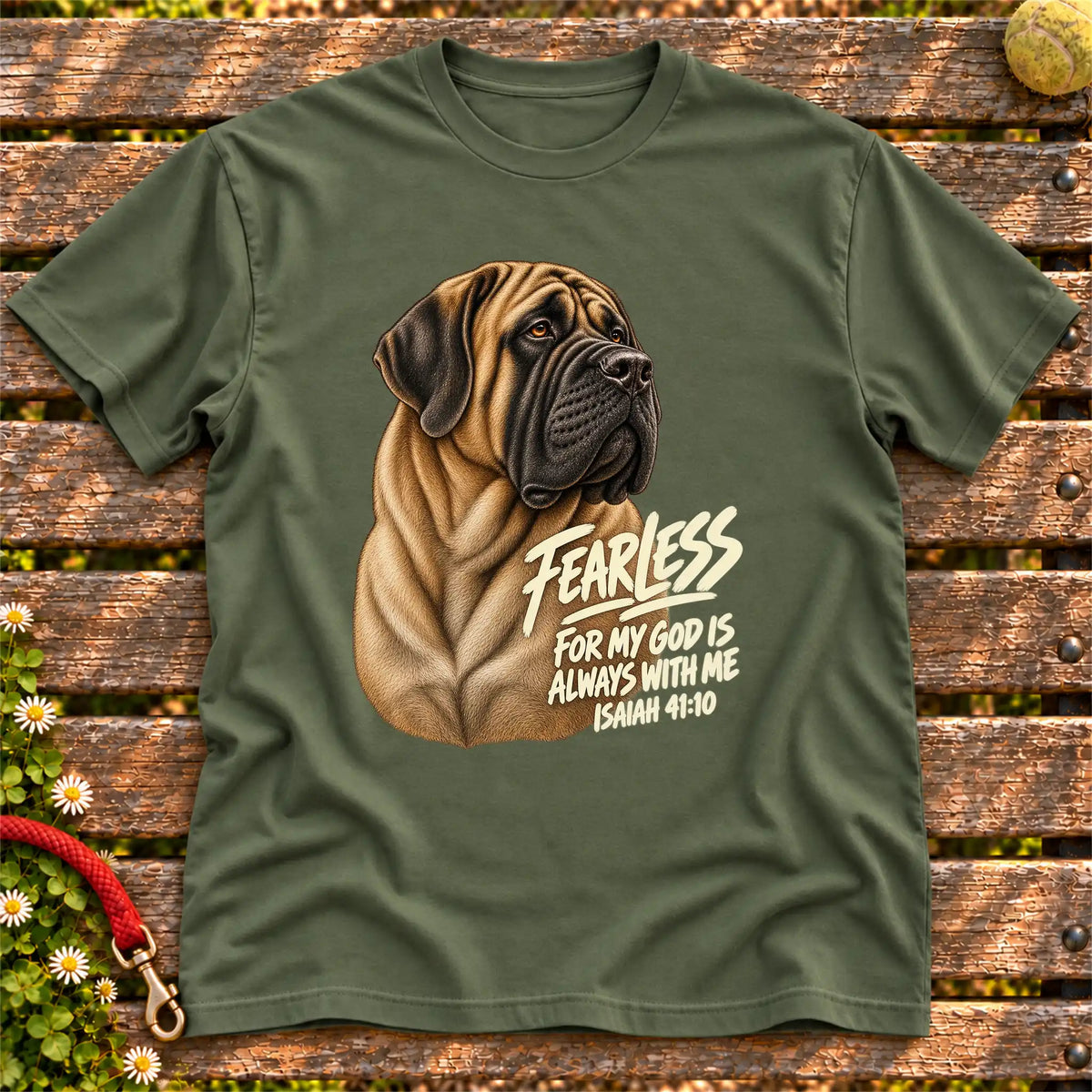 Military Green T-shirt with a fearless Mastiff and Isaiah 41:10