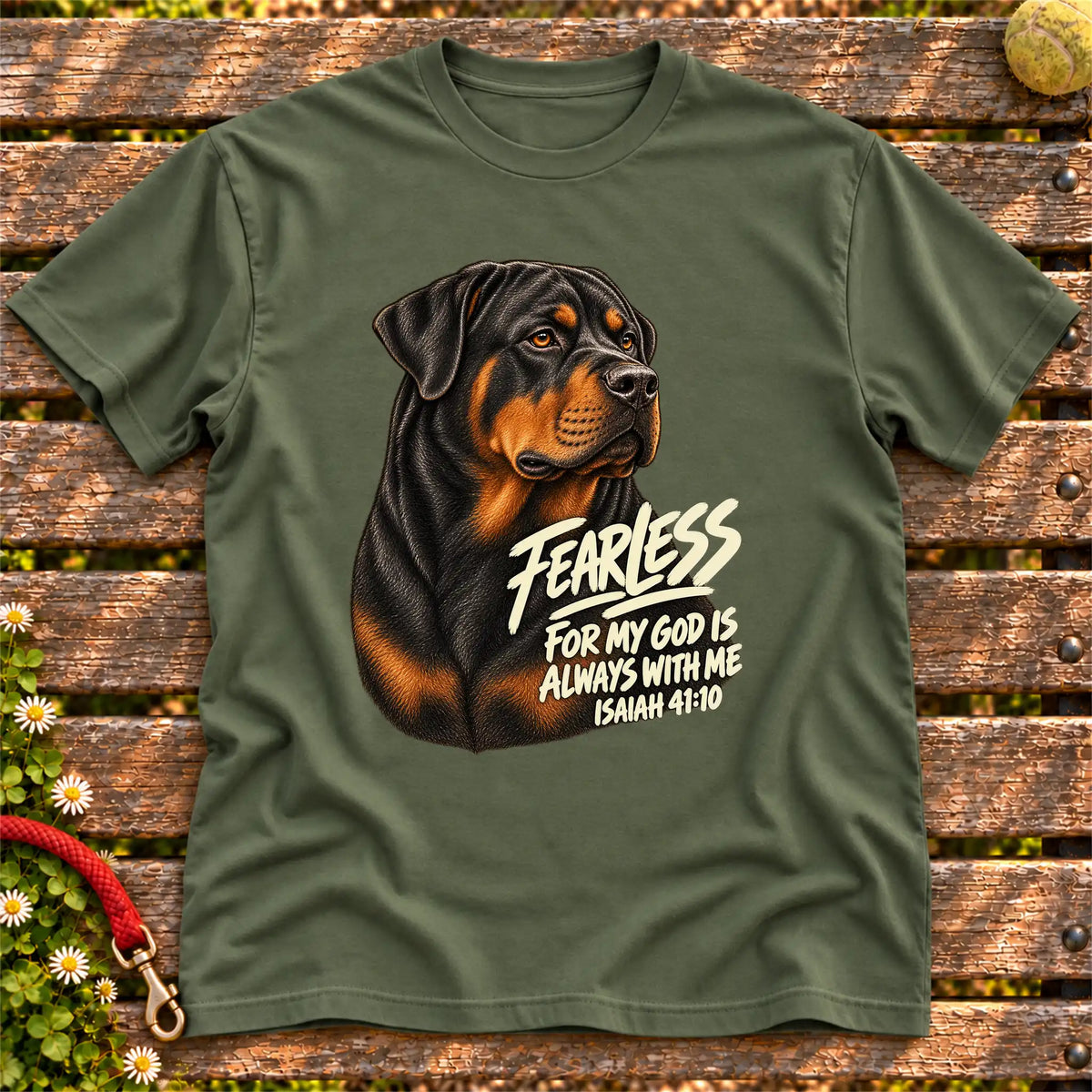 Military Green T-shirt with a fearless Rottweiler and Isaiah 41:10