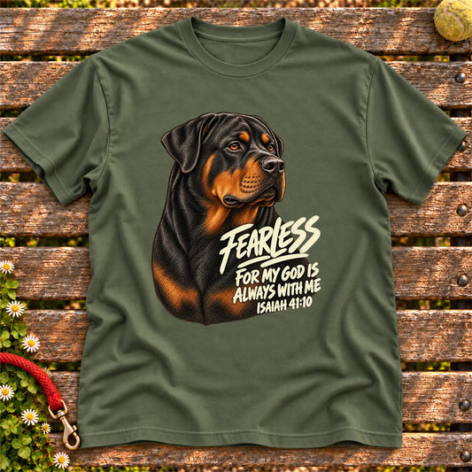 Military Green T-shirt with a fearless Rottweiler and Isaiah 41:10