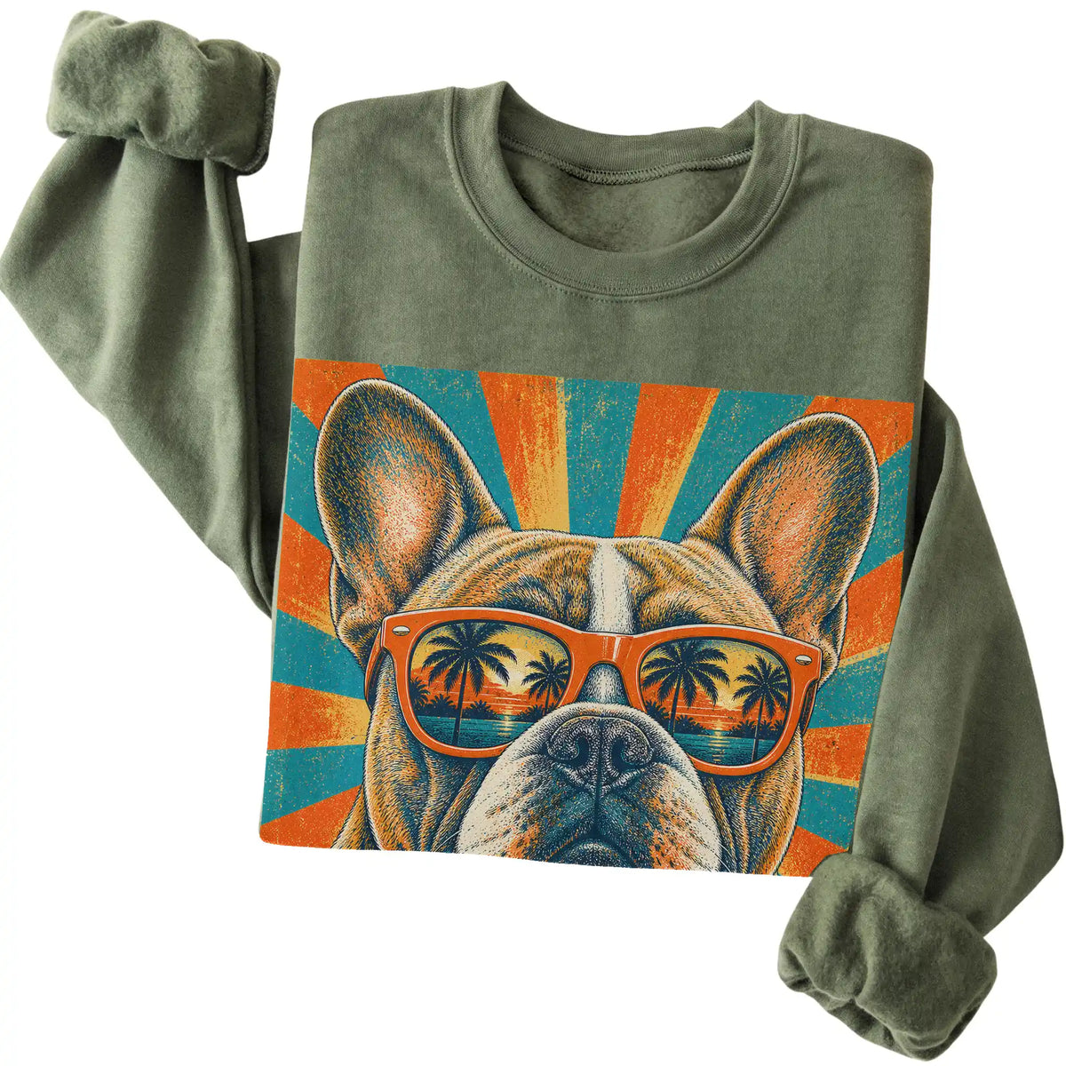 Folded Military Green crewneck sweatshirt with a Retro French Bulldog Dad design
