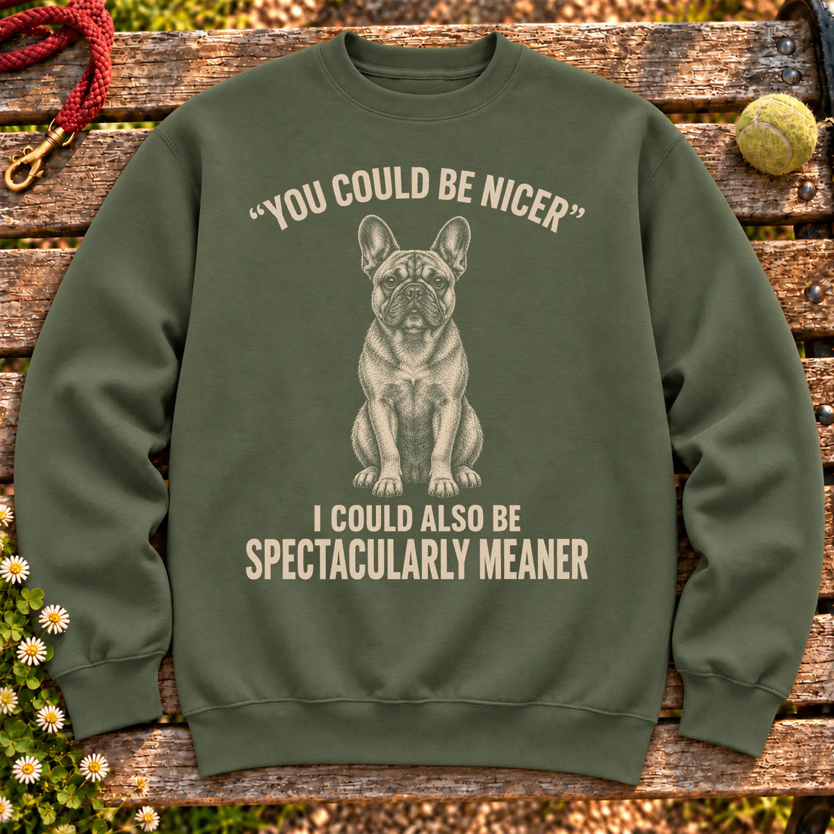 French Bulldog Guard Dog on a Military Green crewneck sweatshirt, shown flat