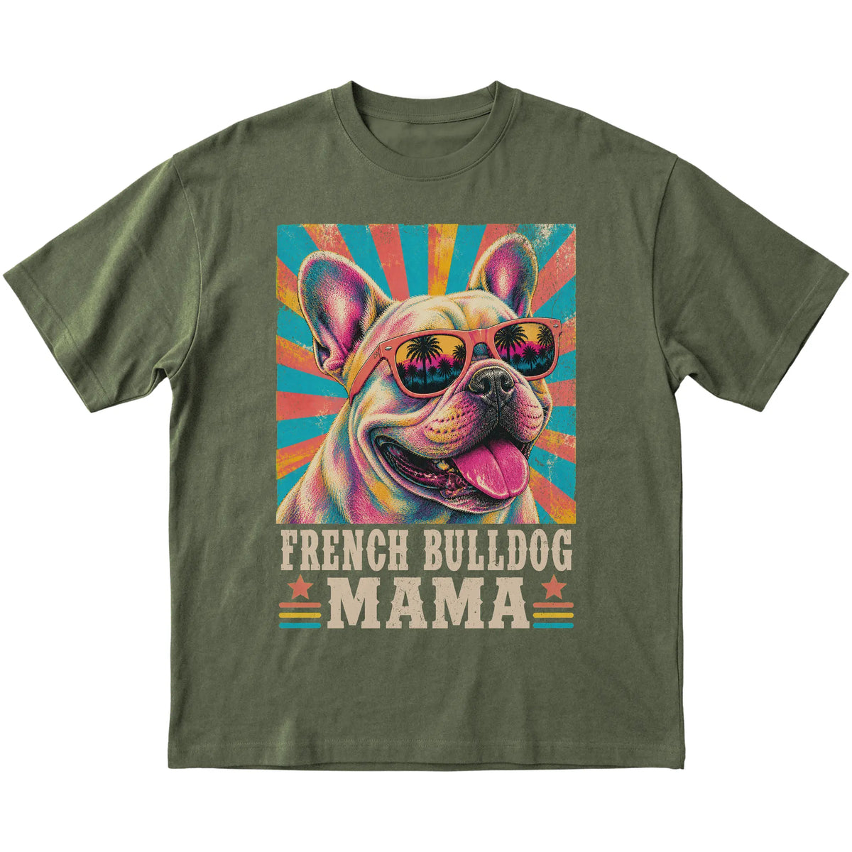 Retro French Bulldog Mama design on a Military Green softstyle T-shirt
