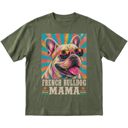 Retro French Bulldog Mama design on a Military Green softstyle T-shirt