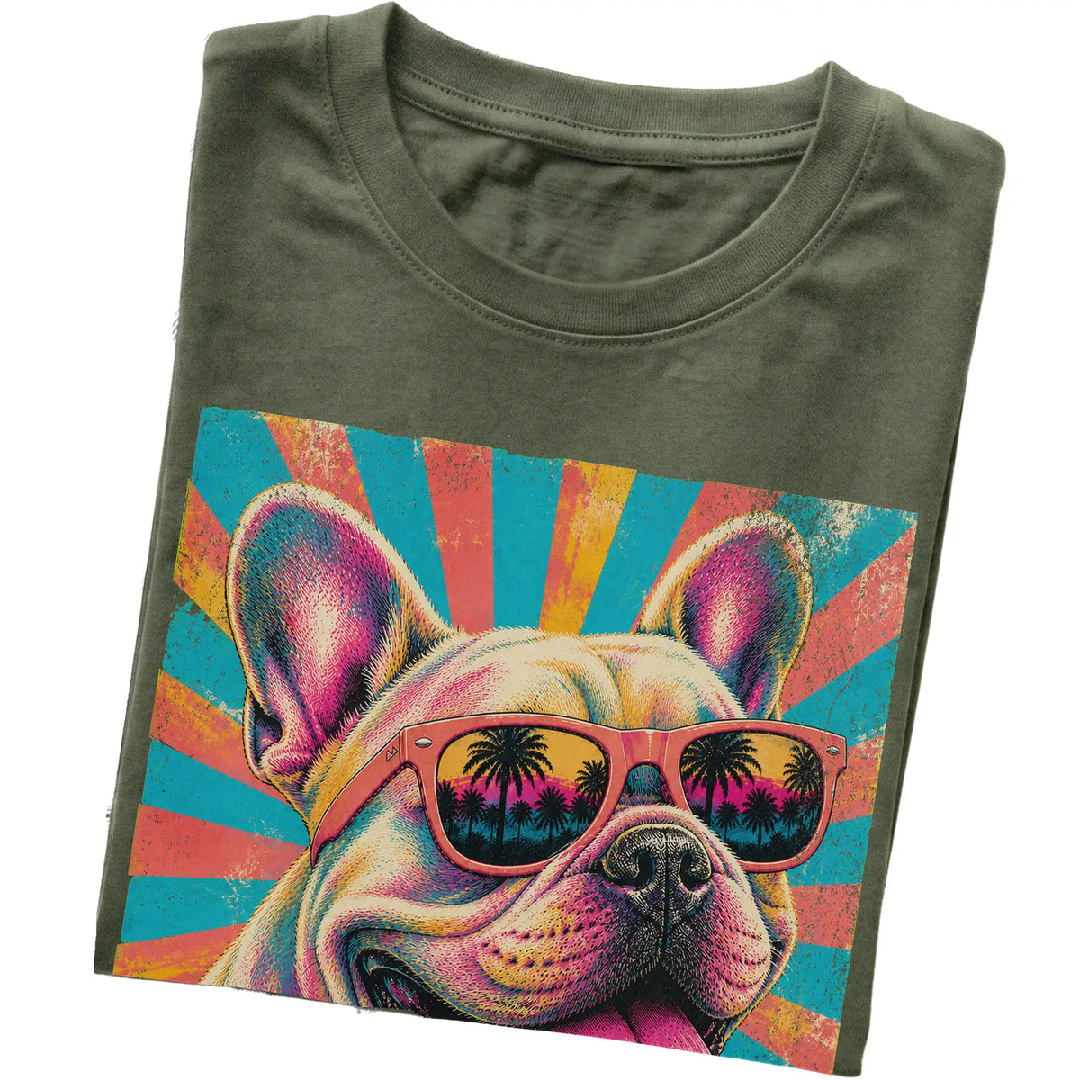Folded Military Green softstyle T-shirt with a Retro French Bulldog Mama design