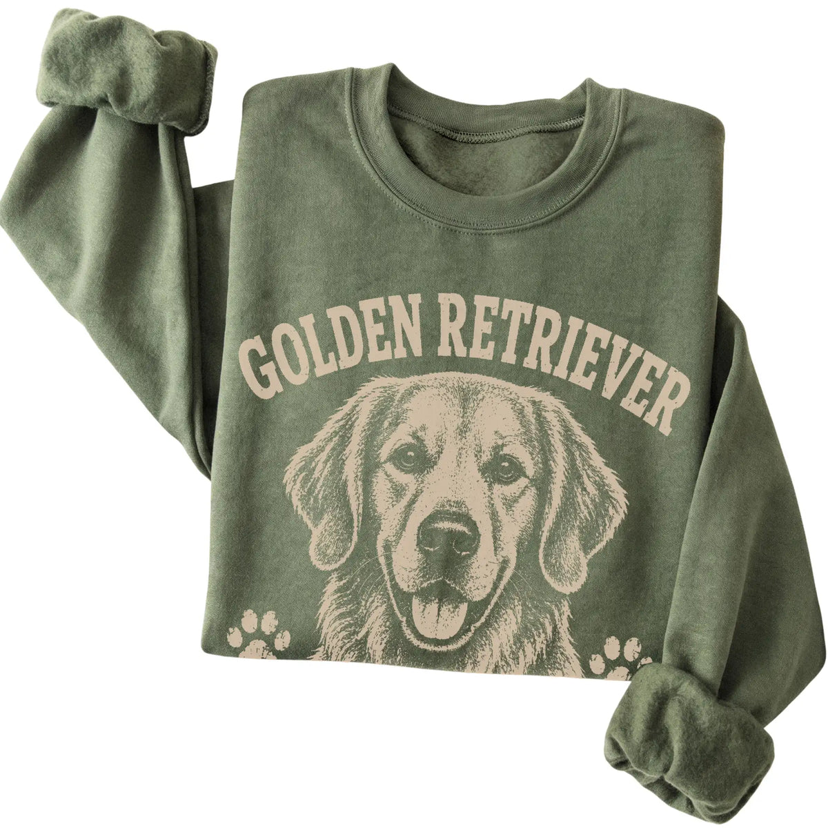 Military Green crewneck sweatshirt featuring Friendly Is My Default Setting - Golden Retriever, folded presentation